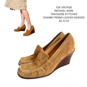 Y2K VINTAGE MICHAEL KORS TAN SUEDE THICK STITCH PENNY‎ LOAFER WEDGE HEELS 8.5